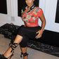 Floral Print Lace-Up Hollow Stand Collar Short Sleeve T-Shirts+Skinny Wrap Hip Crop Pants Woman Sexy Fashion Suits