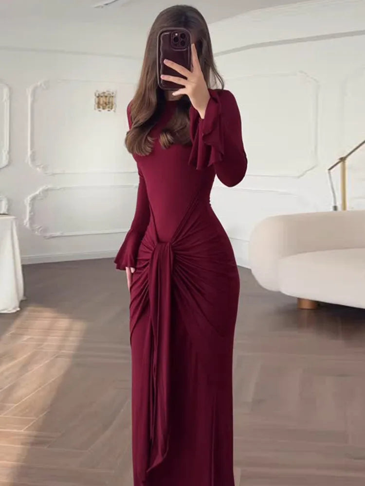 Flare Long Sleeve Draped Sexy Maxi Dress Women Gown Elegant O Neck High Waist Bodycon Club Party Long Dresses Female