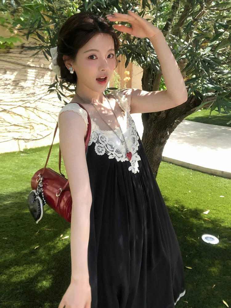 Summer Daily Vacation Patchwork Lace Tassel Maxi Dress Women Folds Loose Sleeveless Backless Fashion Leisure Vestidos