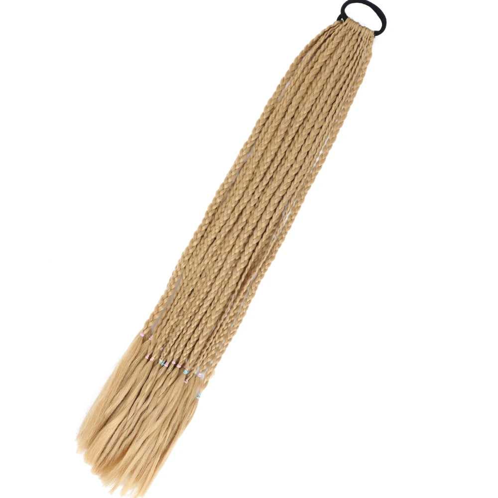 Synthetic 24inch Girls Colored Box Braided Ponytail With Elastic Rubber Band Hair Extensions Rainbow Color Box Pigtail Hairpiece