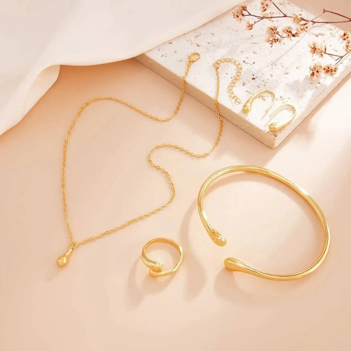 Vintage Minimalism Water Droplet Pendent Necklace Bracelets Earrings Rings Women Vintage Daily Metal Jewelry Set Gift