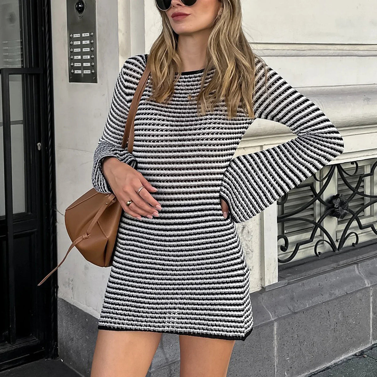 Striped Knit Mini Dress For Women Autumn Winter New O Neck Long Sleeve Contrast Color High Waist Beach Sexy Dress