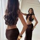 Elegant Banquet 2 Piece Set Women Sexy Bead Patchwork Turtleneck Tank Top+Ruched Mesh Hem Skirts Chic Party Clubwear
