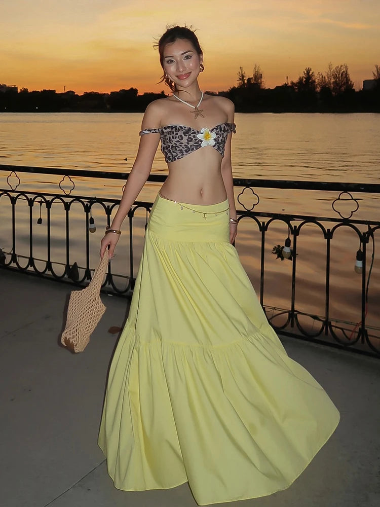 Flower 2 Piece Set Women Sexy Backless Leopard Print Slash Neck Tops+Pleated Long Skirts Matching Clubwear Outfits