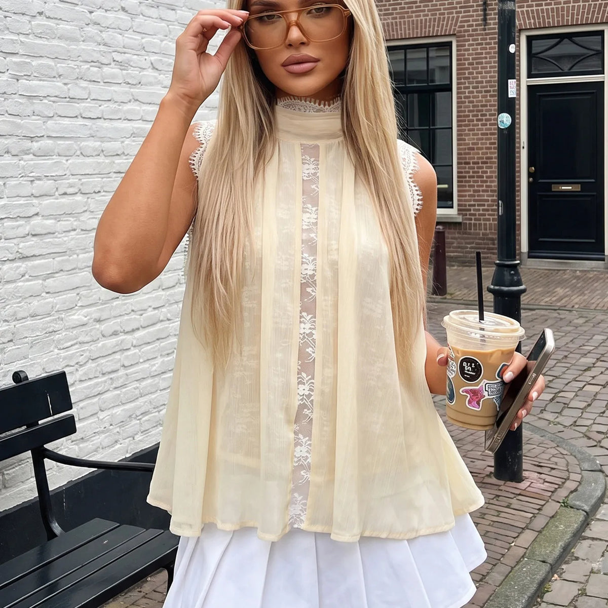 Women Elegant Halter Neck Sleeveless Top Tie Neck Pleated Chiffon Lace Splice Keyhole Front Loose Flowy Party Shirts Top