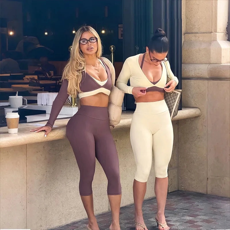 3 Piece Athletic Sets Woman Long Sleeve Cropped Tops Sports Bra and Capri Leggings Matching Sets Fall Outfits