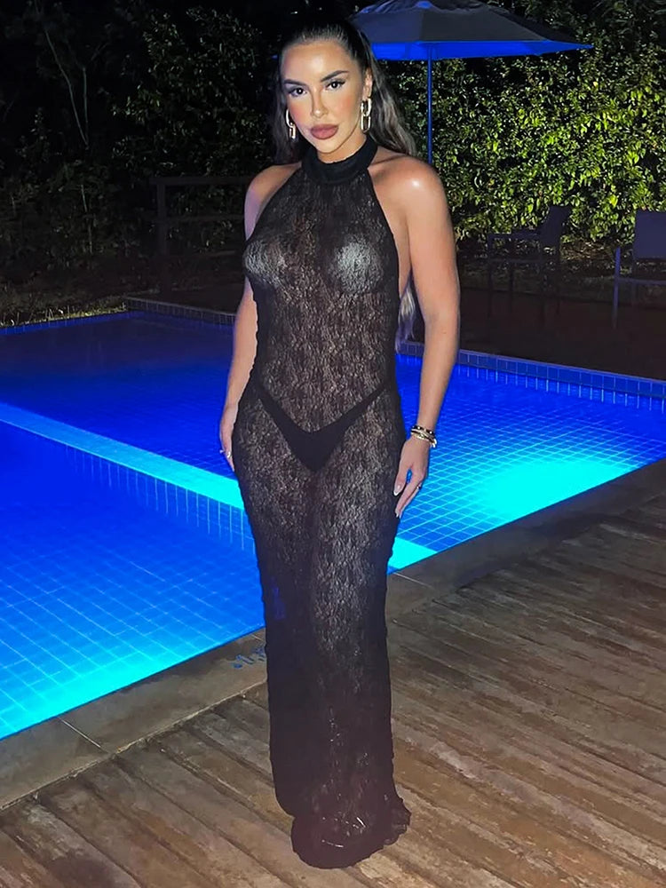 Mesh See Through Sexy Backless Maxi Dress Women Button Halter Sleeveless Midnight Trend Club Party Peach Hip Vestidos