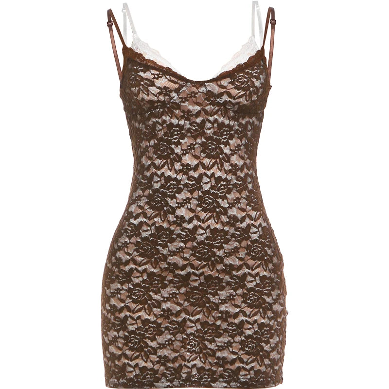 Sexy Sling Dress Woman Lace Patchwork Low-Neck Backless Sleeveless Skinny Peach Hip High Street Fashion Mini Bodycon