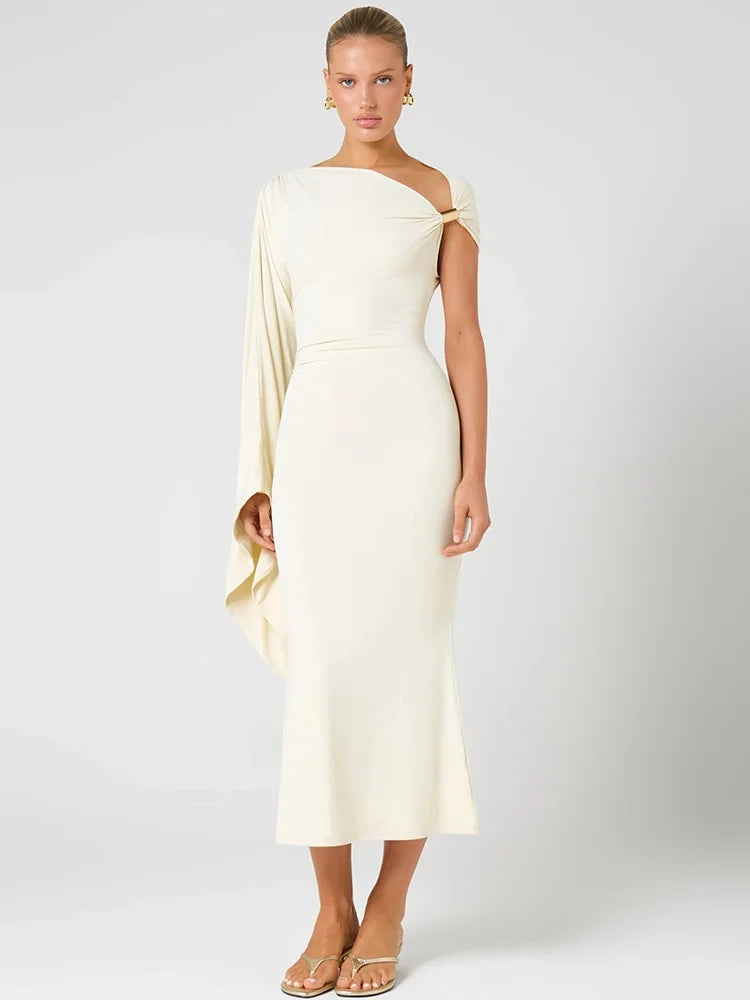 Women One Shoulder Cape Sleeve Sexy Midi Dress Metal Buckle Twisted Bodycon Mermaid Mid‑Calf Evening Party Dresses