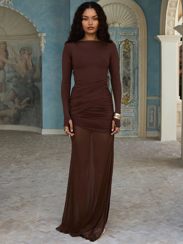 Long Sleeve Backless Ruched Sexy Maxi Dress Women Gown Elegant Patchwork O Neck High Waist Bodycon Club Party Dresses