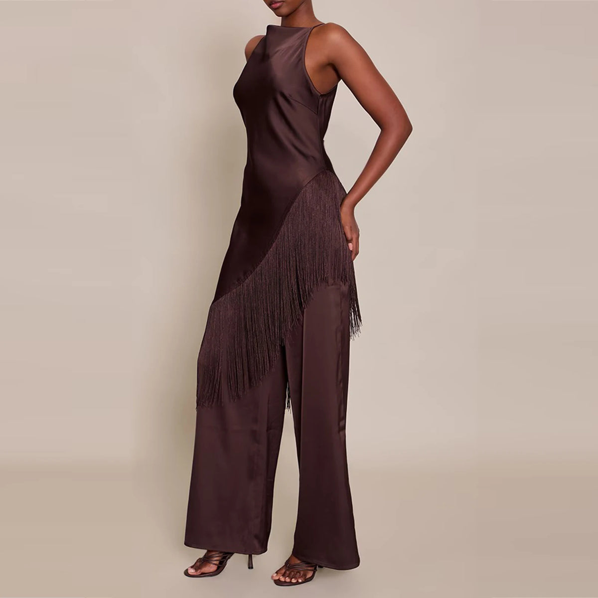 Women Summer Satin Camisole Casual Solid Asymmetrical Tassel Spaghetti Straps Long Tank Tops Club Vacation Streetwear