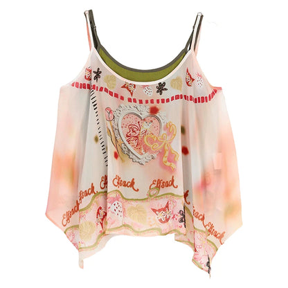Y2K Graphic Print Chiffon Cami Top with Knit Liner, Tie Strap Sheer Layered Blouse, Irregular Hem Flowy Summer Top