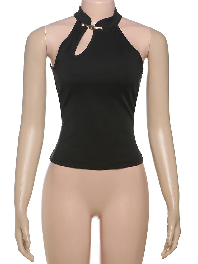 Metal Buckle Tank Tops Women Summer Trend Y2K Daily Basic Classic Hollow Streetwaer Stretch Chic Solid Simple Vest