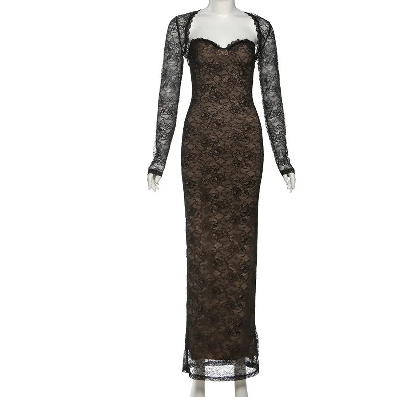 Sexy Black Lace Maxi Dresses Elegant Woman for Party Dress Suits Long Sleeve Cardigan 2 Piece Set