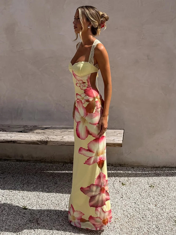 Patchwork Backless Floral Print Long Dresses Woman U Collar Lace Lace-Up Sleeveless Street Fashion Elegant Slim Vestidos
