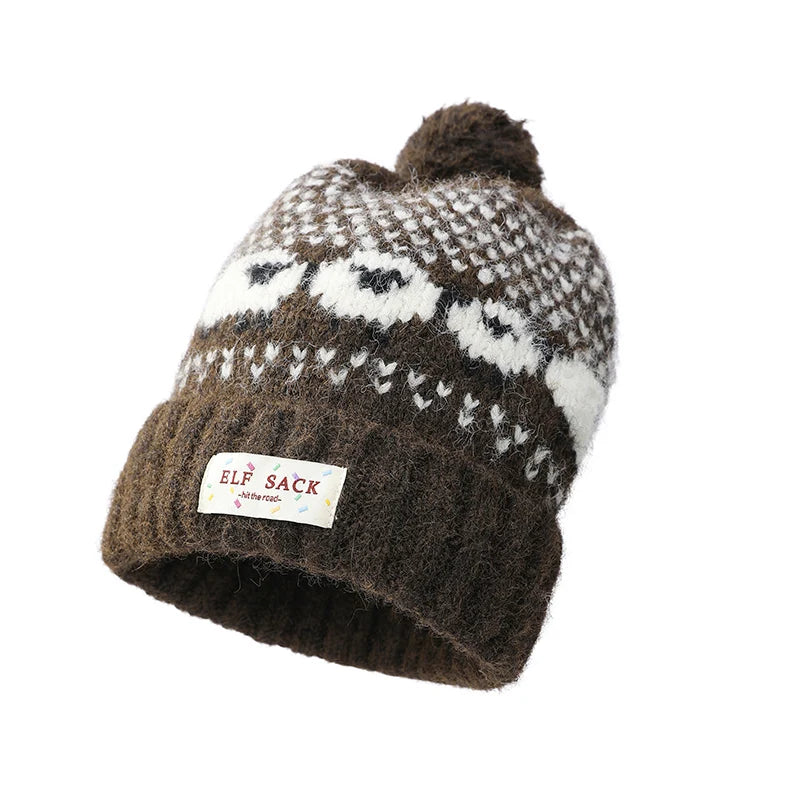 Casual Fair Isle Style Sheep Pattern Pom Pom Knit Beanie For Women