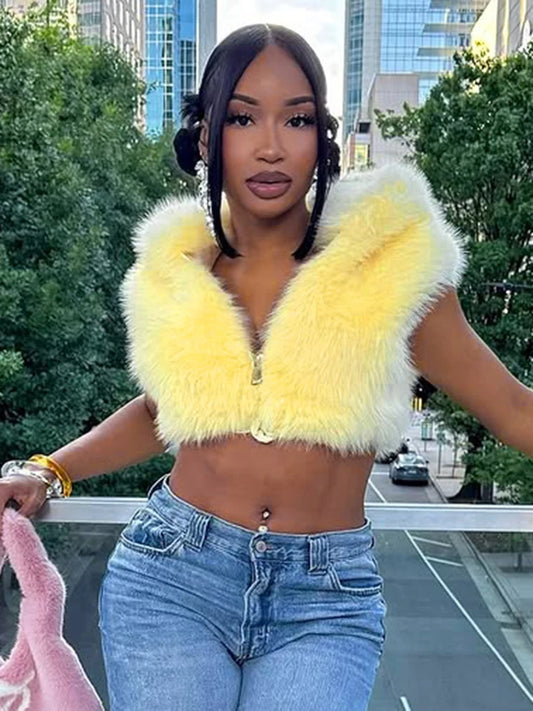 Sexy Furry Tank Tops Women Chic Hooded Zip Autumn Trend Cardigan Midnight Basic Street Party Club Furs Hipster Vest