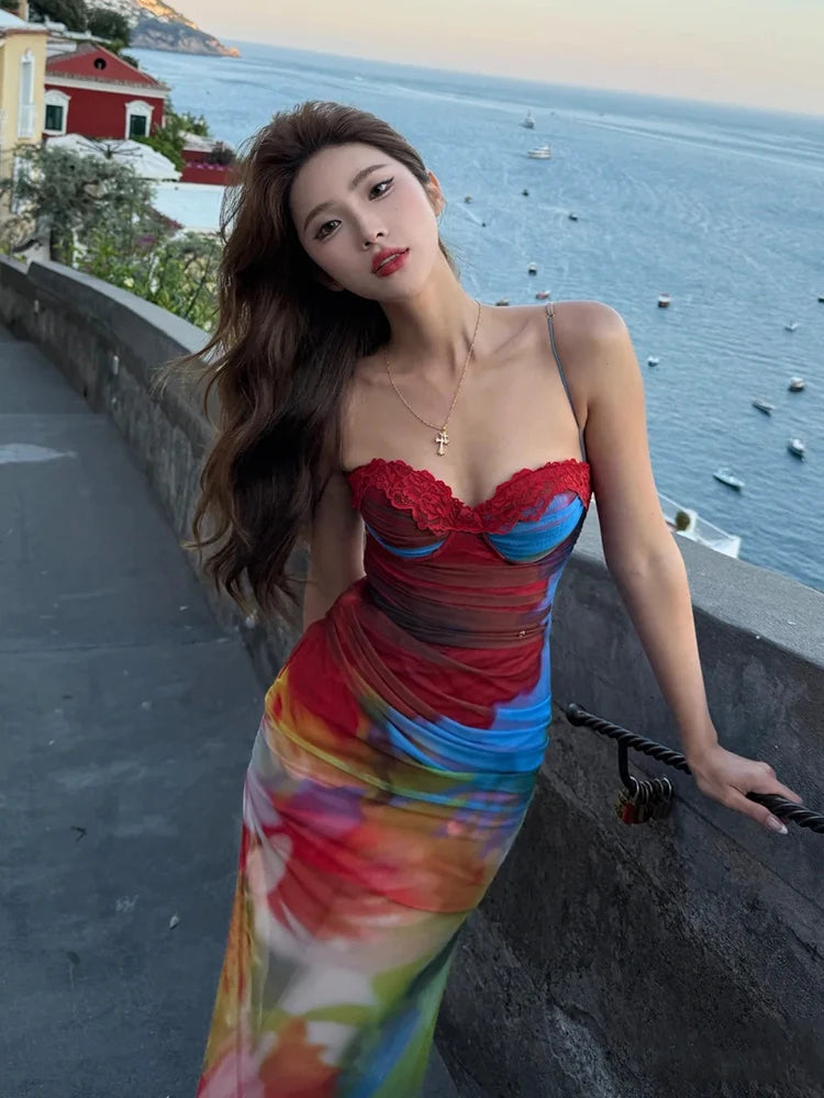 Colorful Print Maxi Dress Patchwork Lace Mesh Low-Neck Sleeveless Backless Summer Trend Vacation Clubwear Vestidos