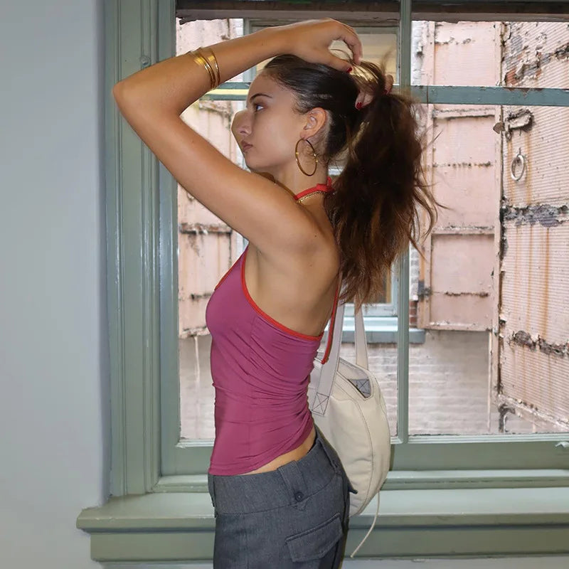 Y2k Tank Top Woman Hollow Out Backless Halter Neck Tie Up Tops Womens Clothing Cute Sexy Summer Camisole