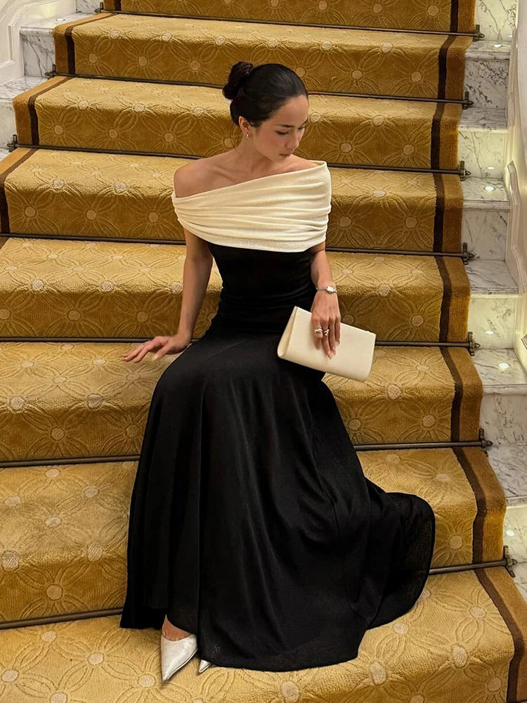 Slanted Collar Dress Women Classic Patchwork Elegant Ruched Skinny Chic Summer Birthday Party Banquet Simple Vestidos