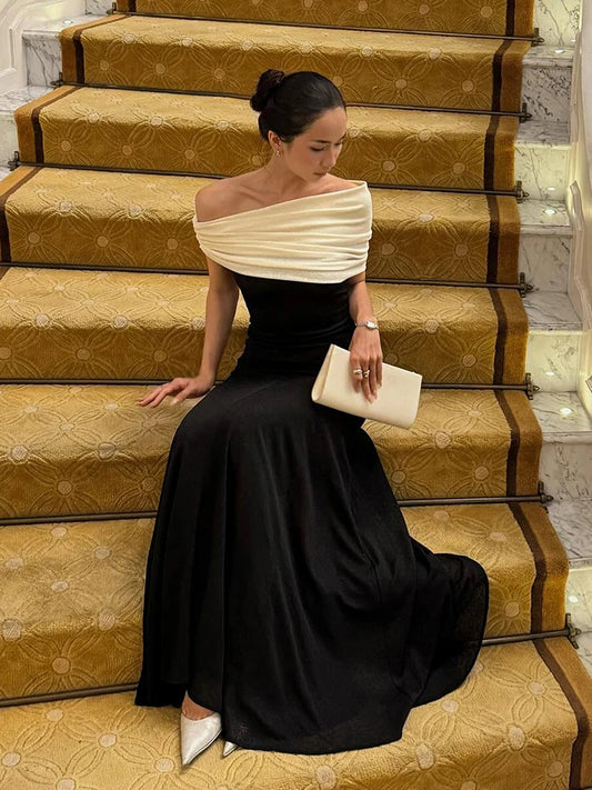 Slanted Collar Dress Women Classic Patchwork Elegant Ruched Skinny Chic Summer Birthday Party Banquet Simple Vestidos