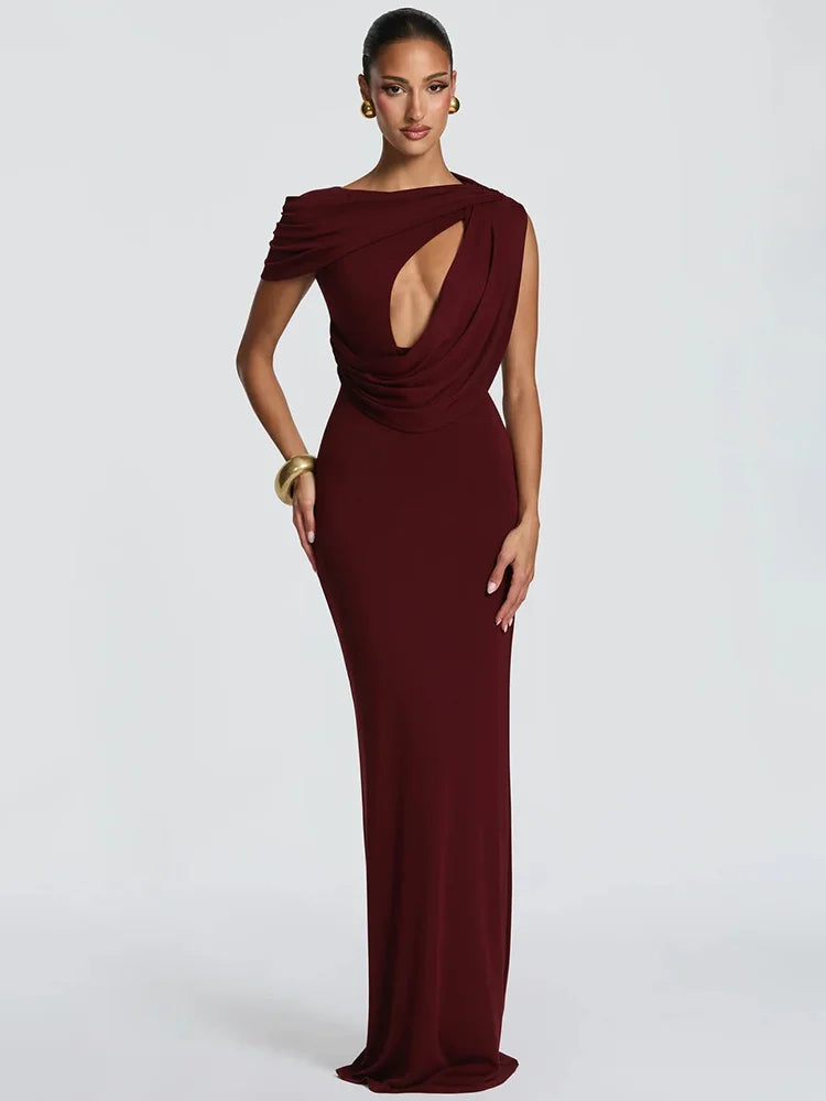 Cut Out One Shoulder Sexy Maxi Dress Women Elegant Draped Bodycon Evening Gown Club Party Long Formal Cocktail Dress