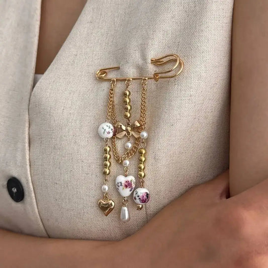 Elegant Ceramic Love Heart Beads Bowknot Tassel Brooch for Women Fashion Dress Suit Collar Pins Clip Party Jewelry Gift