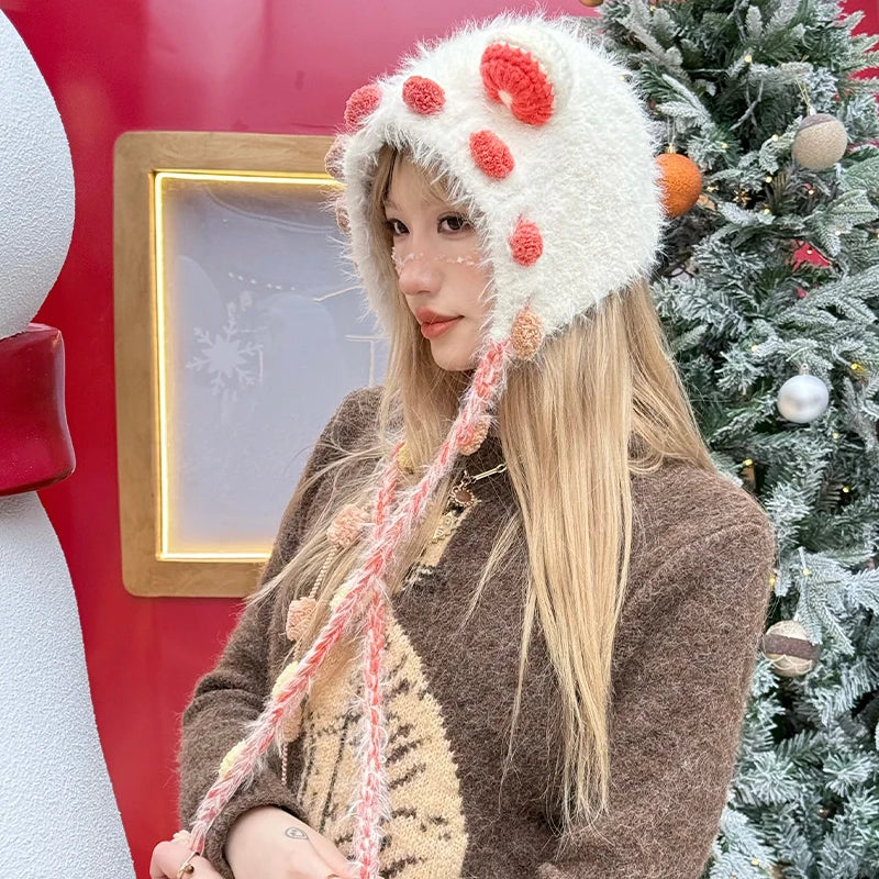 Cute 3D Ear Pom Pom Ear Flap Knit Beanie For Women