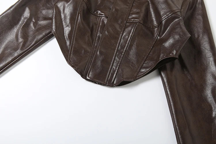 Pu Irregular Crop Jacket Women Turtleneck Zip Button Full Sleeve Wild Sexy Hottie Street Midnight Club Hipster Coat