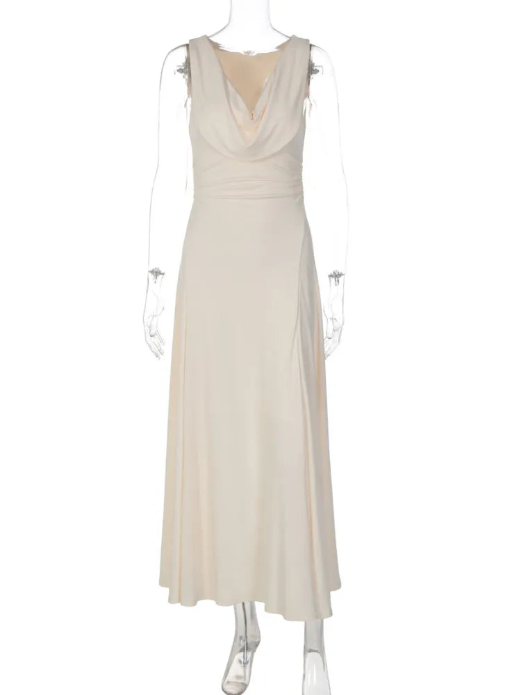 Cowl Neck Backless Sexy Midi Dress Women Elegant Ruched Waist Bodycon Long Evening Club Party Dress Female Gown