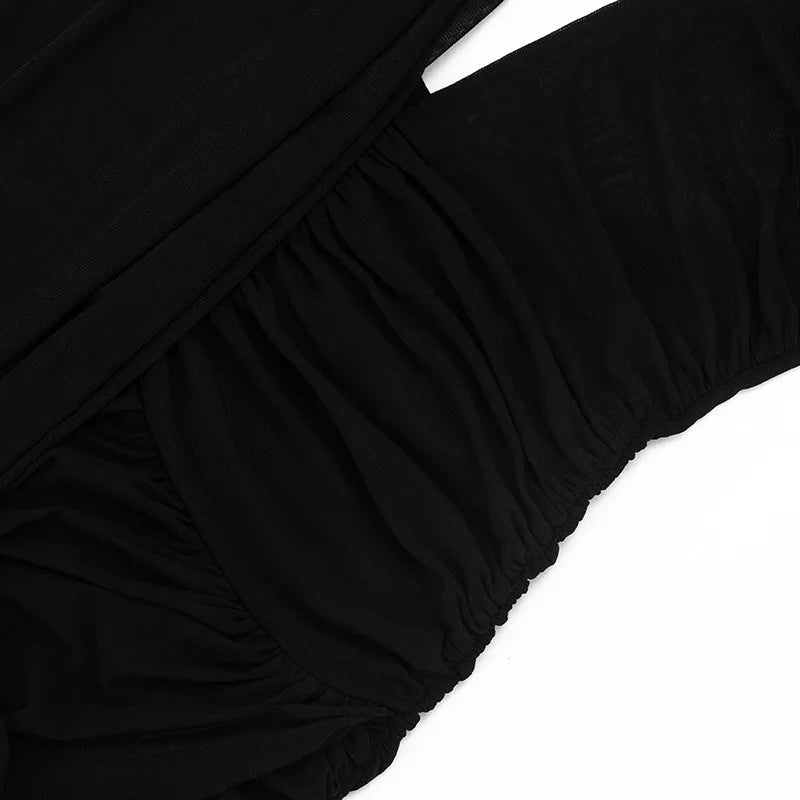 Black Mesh Drape Halterneck Mini Dress Sexy Deep Plunge Backless Bodycon Party Club Dresses for Woman