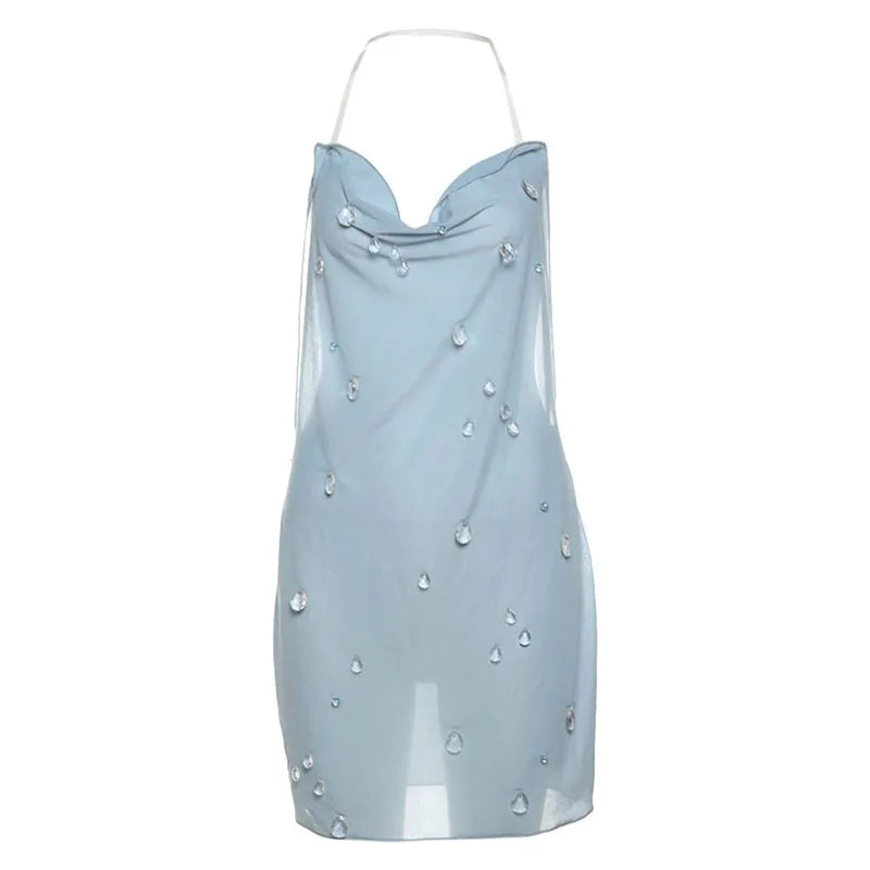 Crystal Mesh See Through Sexy Dresses for Summer 2025 Open Back Halter Mini Dress Club Wear Outfits for Women