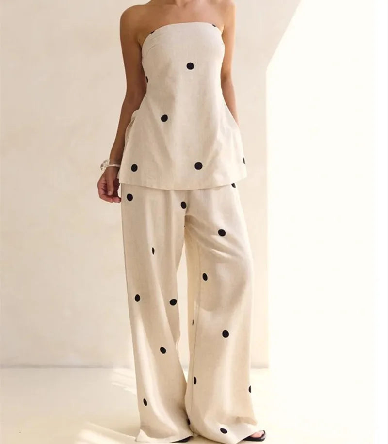 Fashion Polka Dot 2 Piece Outfits for Women Double Slit Strapless Tube Top + Baggy Wide Leg Pants Set Summer Streetwear