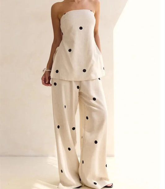 Fashion Polka Dot 2 Piece Outfits for Women Double Slit Strapless Tube Top + Baggy Wide Leg Pants Set Summer Streetwear