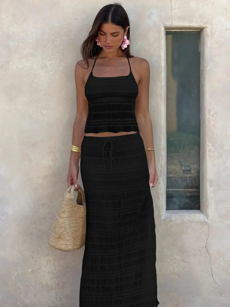 Chiffon Lace Sexy Skirt Two Piece Sets Women Halter Crop Tops And Maxi Skirt Ladies Fashion Woman Long Dress Set