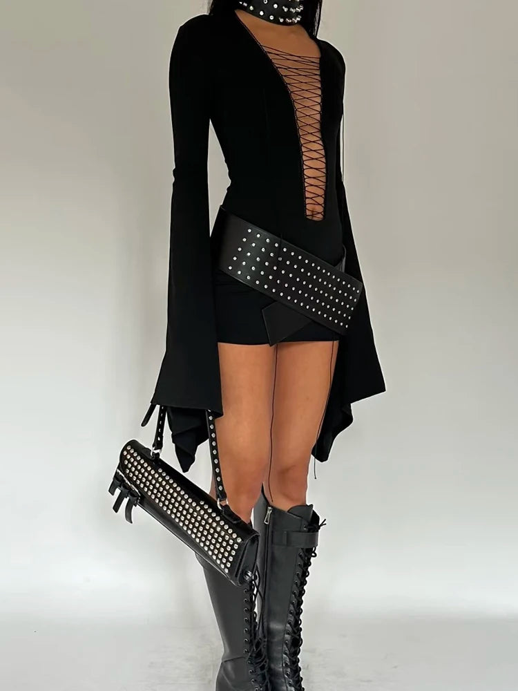 Coquette Shirring Dress Women Sexy Bell Sleeve Deep V-Neck Stretch Skinny Midnight Party Clubwear Y2K Hottie Bodycon