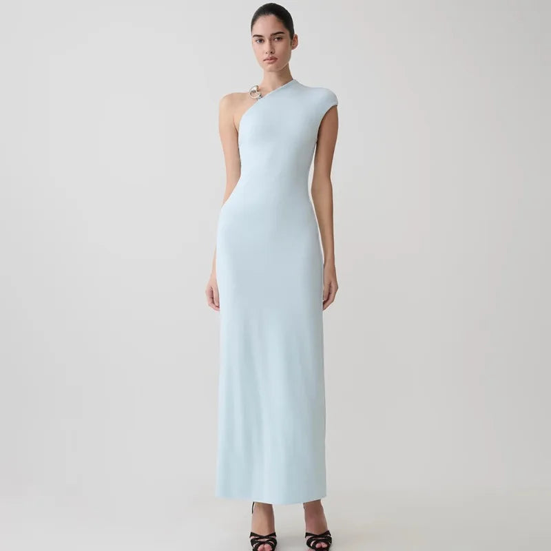 One Shoulder Asymmetric Maxi Dress with Hardware Elegant Black Party Dresses for Woman