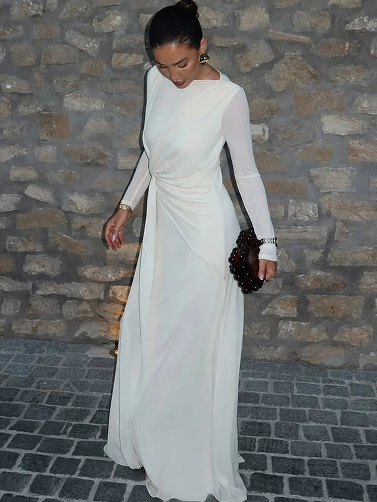 Ruched Elegant Long Dress Woman Autumn Trend o-Neck Mesh Patchwork Full Sleeve Ribbon Decoration Party Gown Vestidos