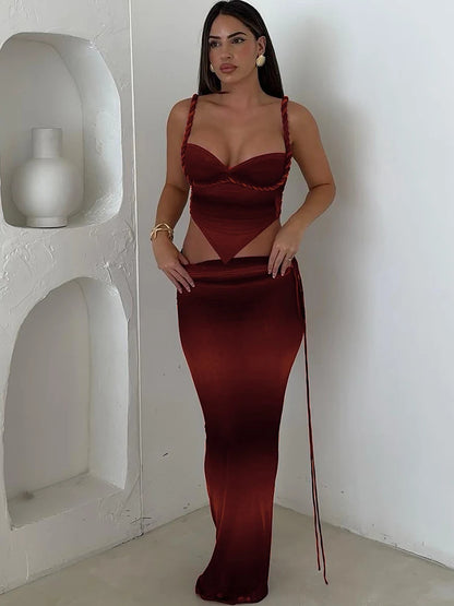 Gradient Sexy 2 Piece Set Women Y2K Plait Heart Shape Camisole+Shirring Hollow Skirts Summer Beach Vacation Clubwear