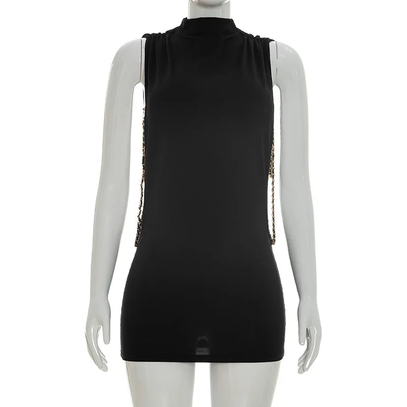 Women's High Neck Sleeveless Mini Dress Gold Chain Cut Out Backless Bodycon Party Clubwear Night Out Birthday Dress