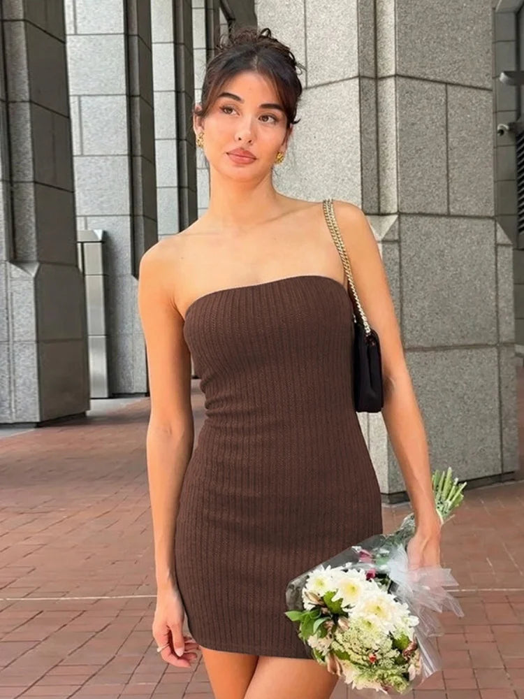 Ribbed Knit Strapless Bodycon Tube Mini Dress Woman Sexy Going Out White Summer Dresses 2026