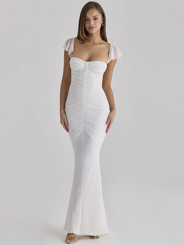 Sweetheart Neck Sexy Mermaid Maxi Dress Women Elegant Ruffle Sleeves Bodycon Evening Club Party Long Dress Female Gown