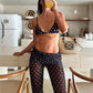 Womens 4 Piece Polka Dot Bikini Set Sheer Mesh Flare Pants Headband Triangle Swimsuit Beach Cover Up for Summer Vacation