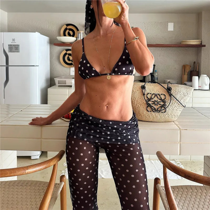 Womens 4 Piece Polka Dot Bikini Set Sheer Mesh Flare Pants Headband Triangle Swimsuit Beach Cover Up for Summer Vacation