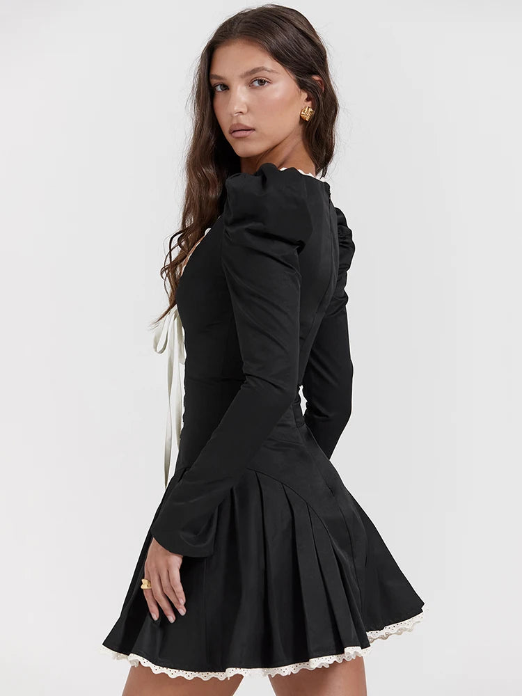 Lace Bandage Puff Sleeve Mini Dress For Women 2023 Autumn Winter New Square Collar Ruched Dress Vintage Elegant
