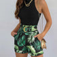 Summer Round Neck Sexy Tank Top and Tropical Print Shorts Set With Belt Two Piece Suit Sleeveless Tops Party Wear Sets
