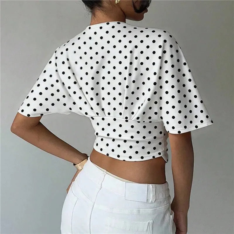 Women Y2K Polka Dot Print Deep V Neck Crop Top Batwing Short Sleeve Ruched Waist Slim Fit Casual Summer Streetwear