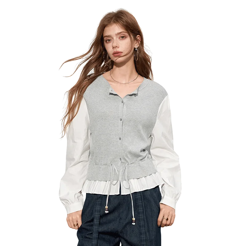 Women's Contrast Patchwork Cardigan with Drawstring Waist, Round Neck Long Sleeve Casual Top for Everyday Wear