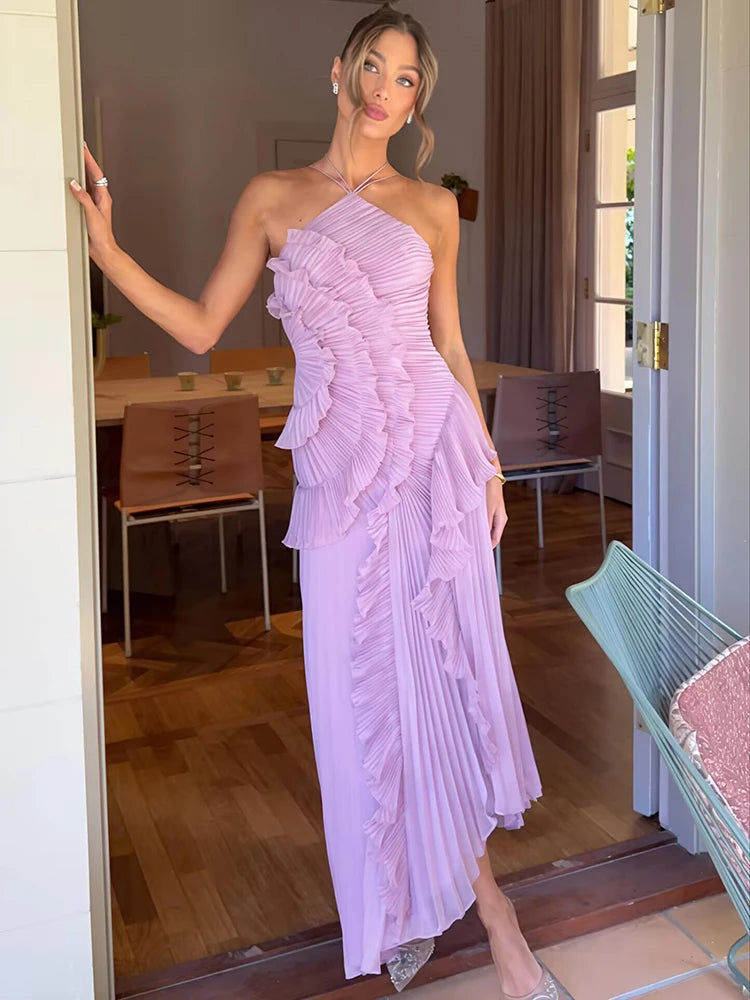 Elegant Off-shoulder Ruffle Sexy Maxi Dress Women Fashion Halter Sleeveless Backless Draped Pleated Club Party Dress