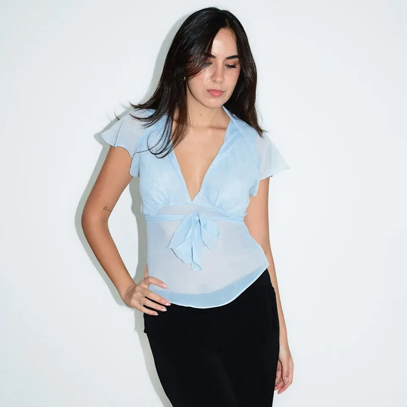 Black Sheer Mesh Blouses and Shirts for Woman Keyhole Bow Tie Flutter Sleeve Top Fashion 2026 Woman